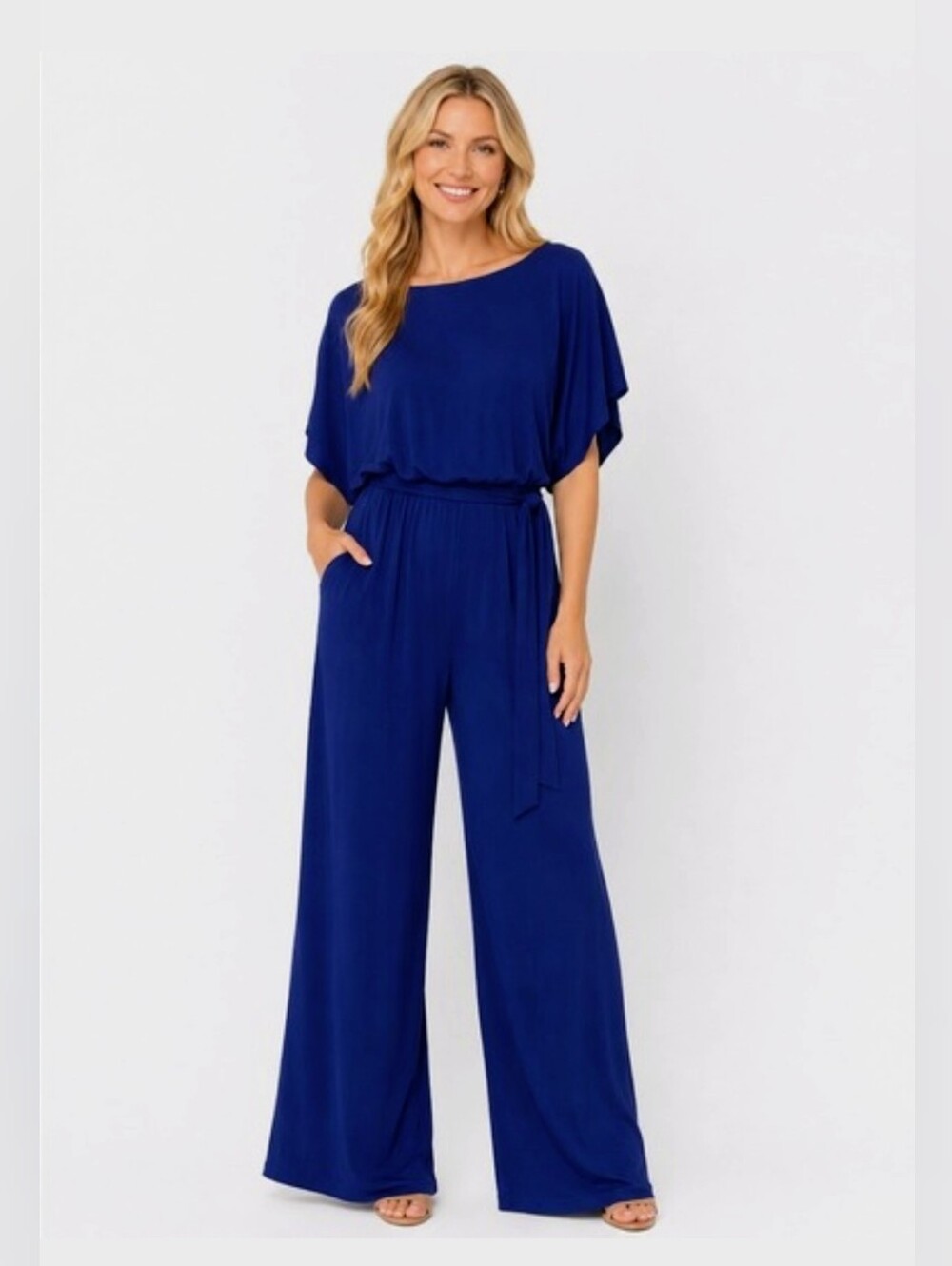 Emma & Michele Jumpsuit - Boat Neck - Flutter Sleeve - Wide Leg - Size M